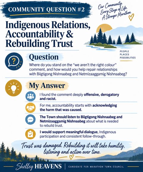 Community question 2 graphic: Indigenous relations, accountability & rebuilding trust. Trust was damaged. Rebuilding it will take humility, listening and action over time.